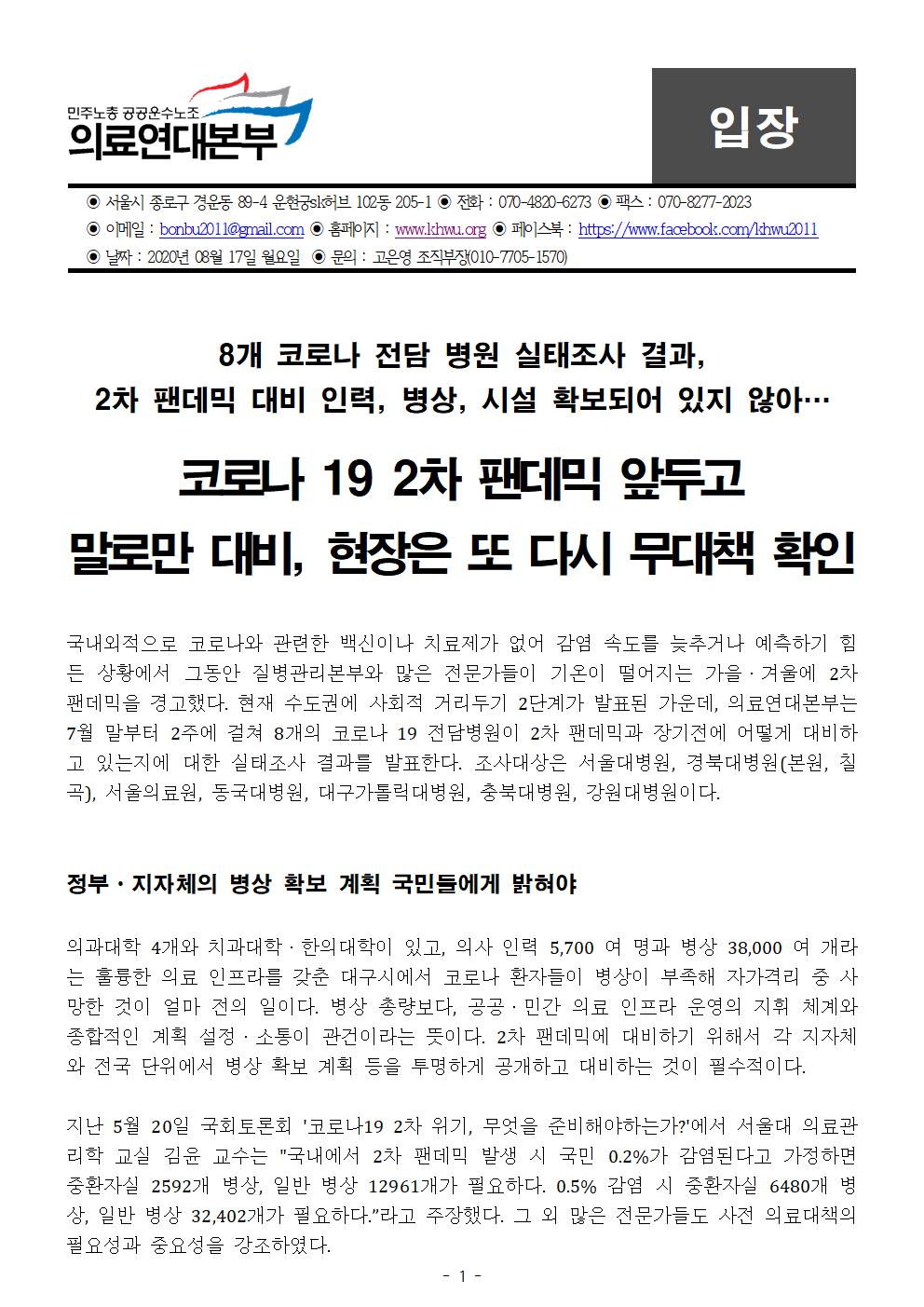200817_입장_2차팬데믹대비실태조사결과,무대책의료현장드러나(완)001.jpg