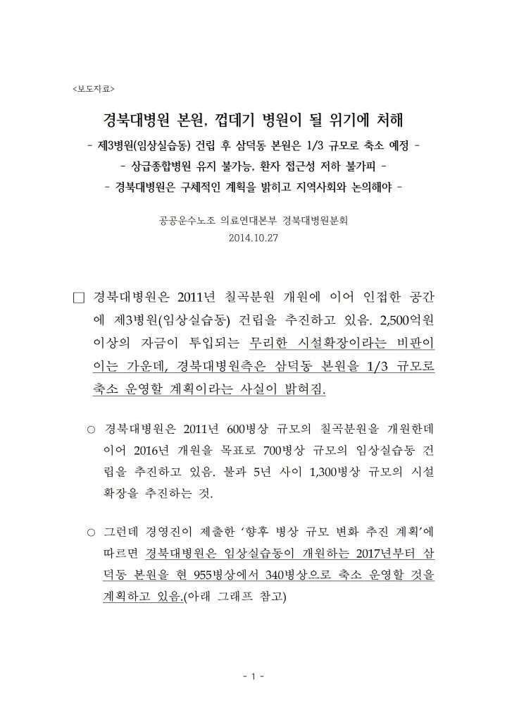 [보도자료] 경북대병원 본원, 껍데기 병원이 될 위기에 처해
