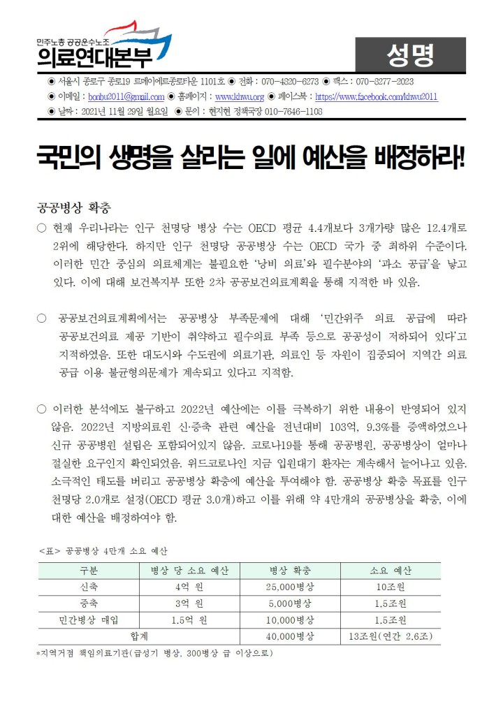 [성명] 정부는 국민의 생명을 살리는 일에 예산을 배정하라!